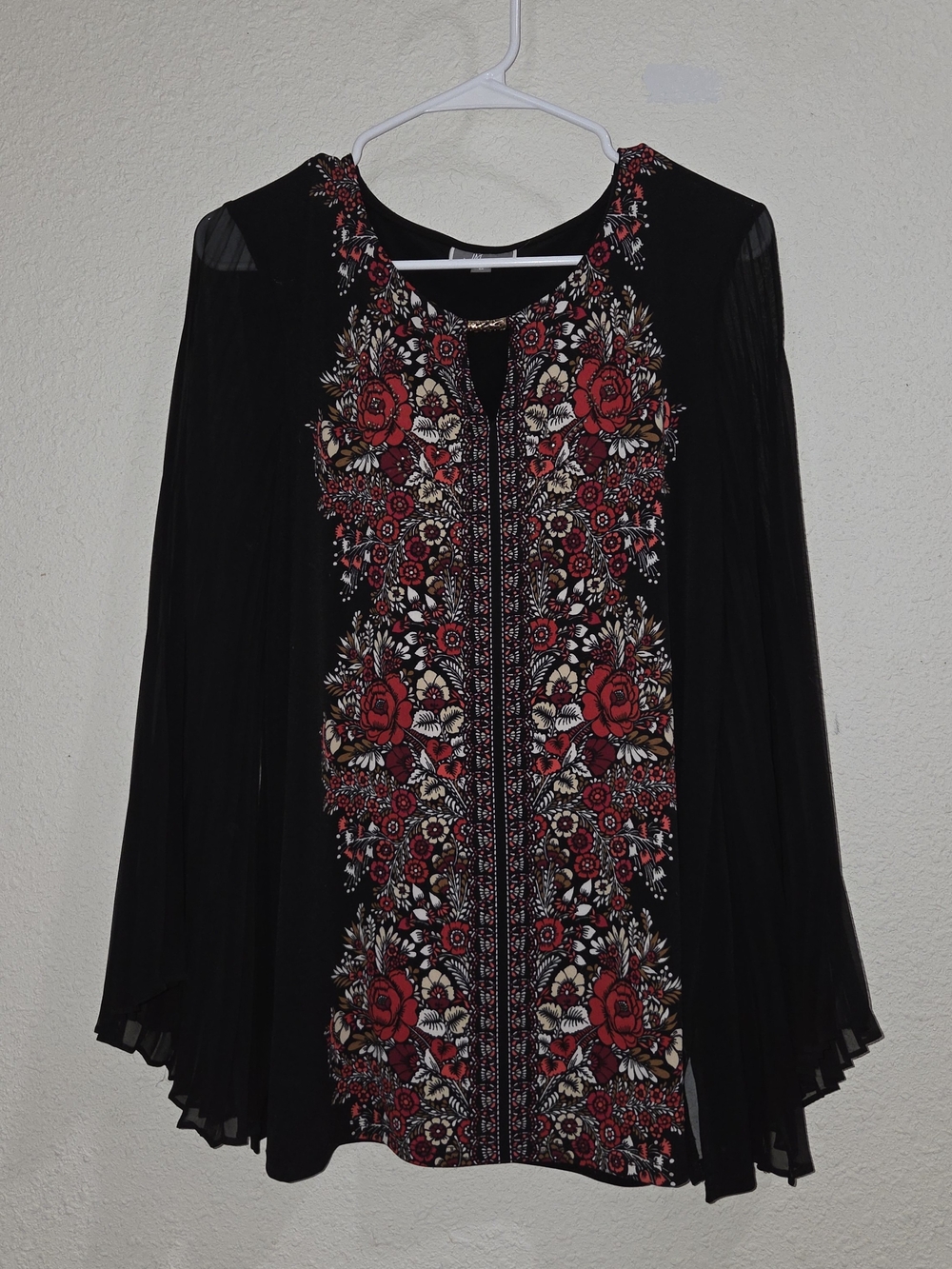 JM Collection Black Tunic with Red and Cream Floral Embroidery
